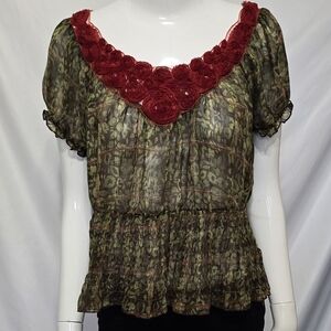 VINTAGE XOXO Boho Peasant Top Red Rosette Sequin Lace Mesh Blouse Olive Size M